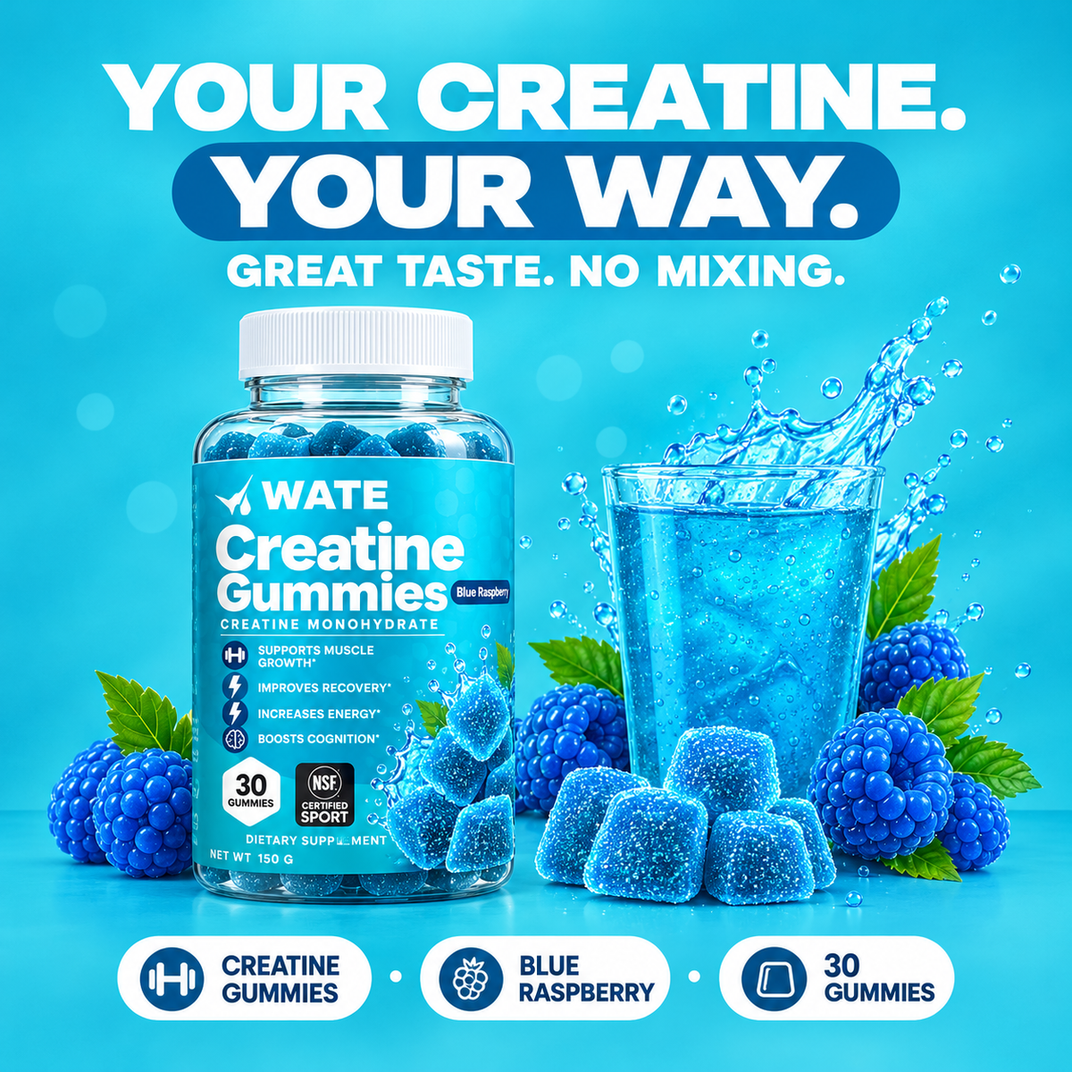 WATE Creatine Gummies – Blue Raspberry